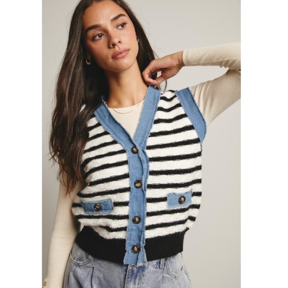 “The Eleanor" Striped Denim Trim Knit Vest - Picture 1 of 3